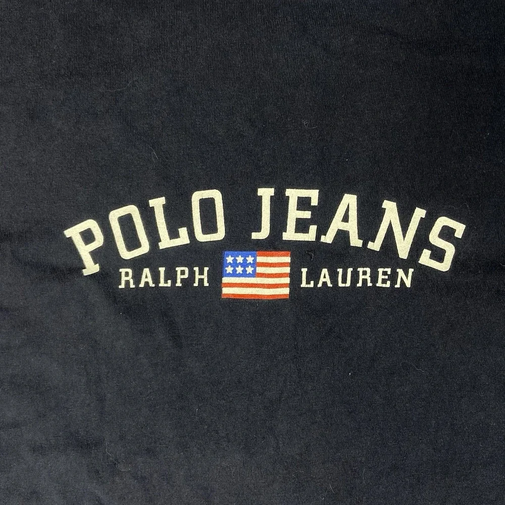 Vintage‎ Polo Jeans Co Ralph Lauren T Shirt Size Large Navy Blue Flag Graphic